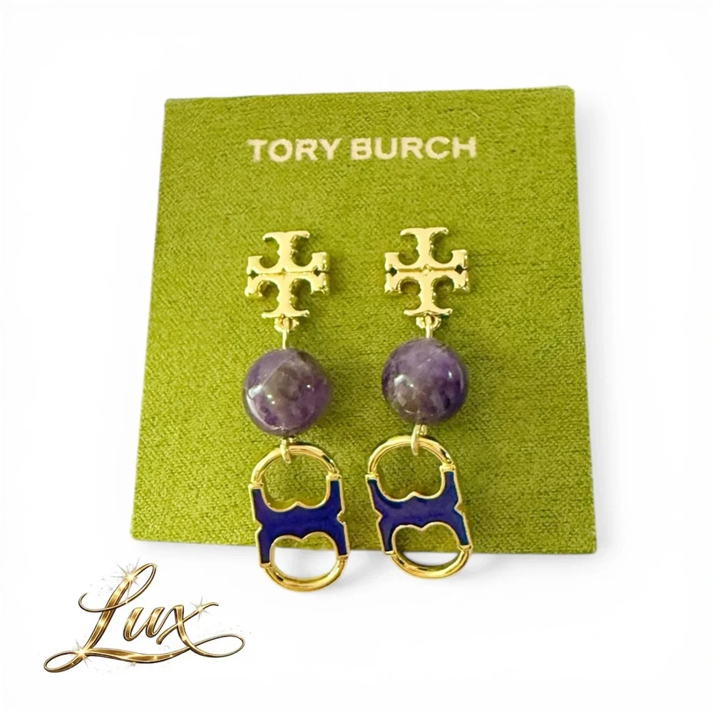 Tory Burch Gold-tone Blue Enamel & Purple Stone Gemini Drop Earrings